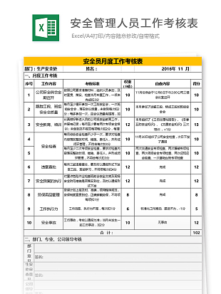 简约清晰安全人员工作考核表