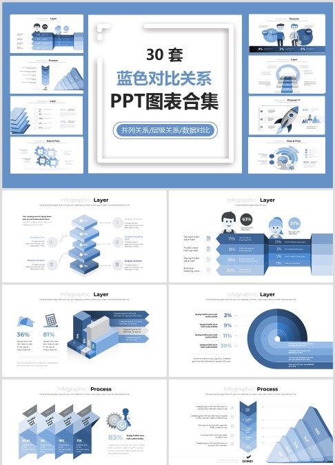 30 套 蓝色对比关系 PPT图表合集并列关系/层级关系/数据对比