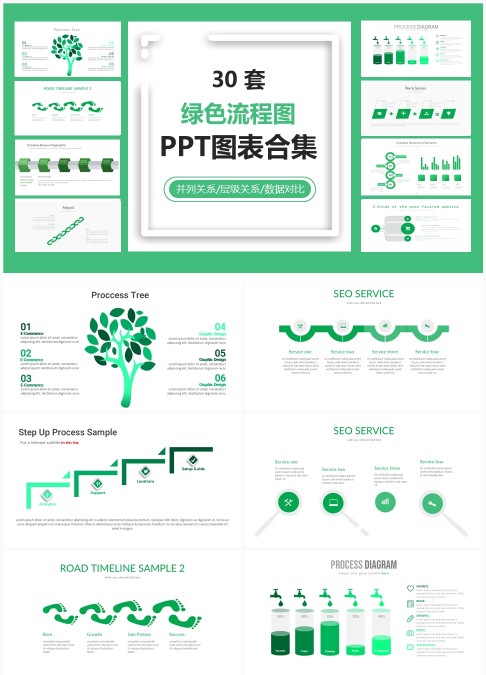 30 套绿色流程图 PPT 图表合集：层级对比与并列信息可视化汇报模板