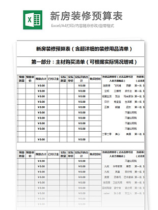 室内家居新房装饰装修预算清单excle模板