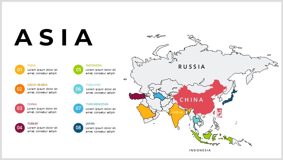 亚洲各国家矢量地图PPT