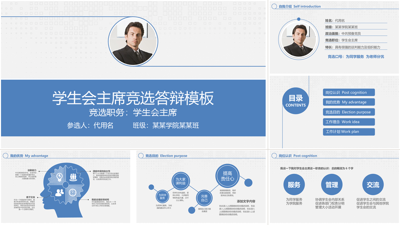 蓝色大气学生会主席竞选答辩模板ppt