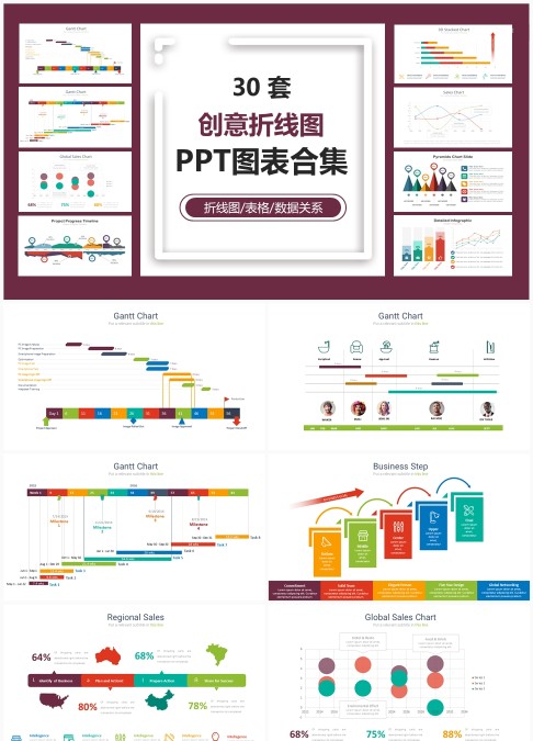 30套创意折线图PPT图表合集 - 动态数据关系与表格可视化分析模板下载