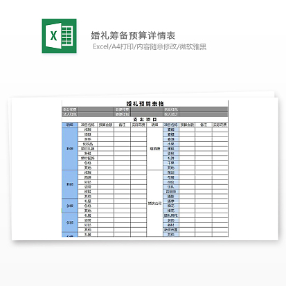 婚礼筹备预算详情表excle表格模板