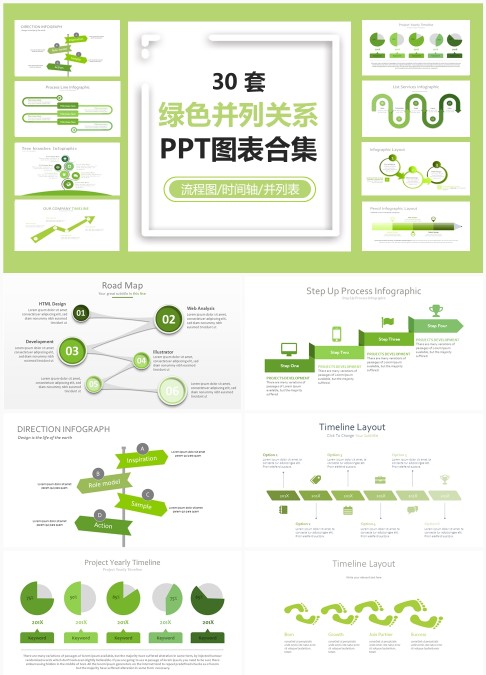 30 套绿色并列关系 PPT 图表合集：流程分类与并列数据可视化汇报