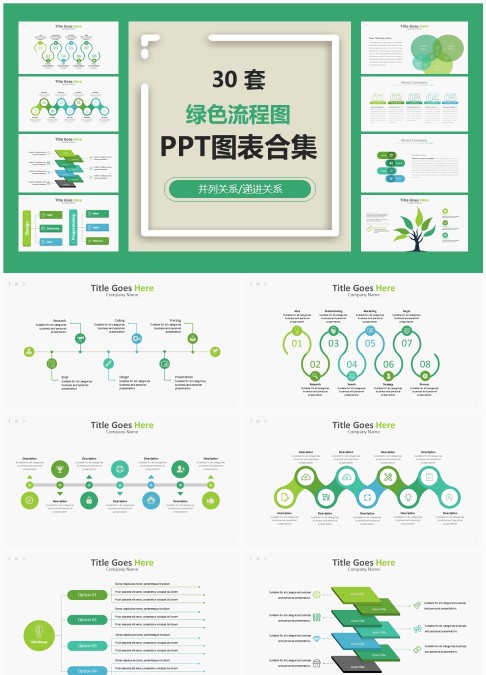 30 套绿色流程图 PPT 图表合集：递进梳理与并列信息可视化汇报模板