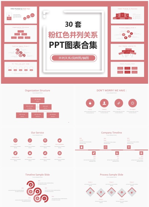 30 套粉红色并列关系、脑图、流程图 PPT 图表合集：分类呈现与并列信息可视化汇报
