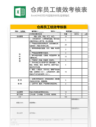 仓库员工绩效考核表Excel模板